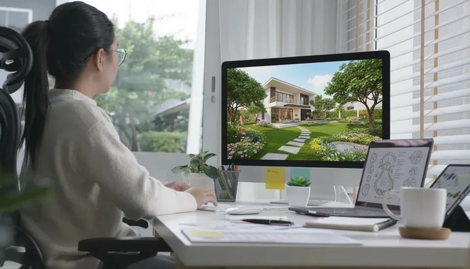 Une d&eacute;veloppeuse travaille dans un bureau moderne avec vue sur jardin