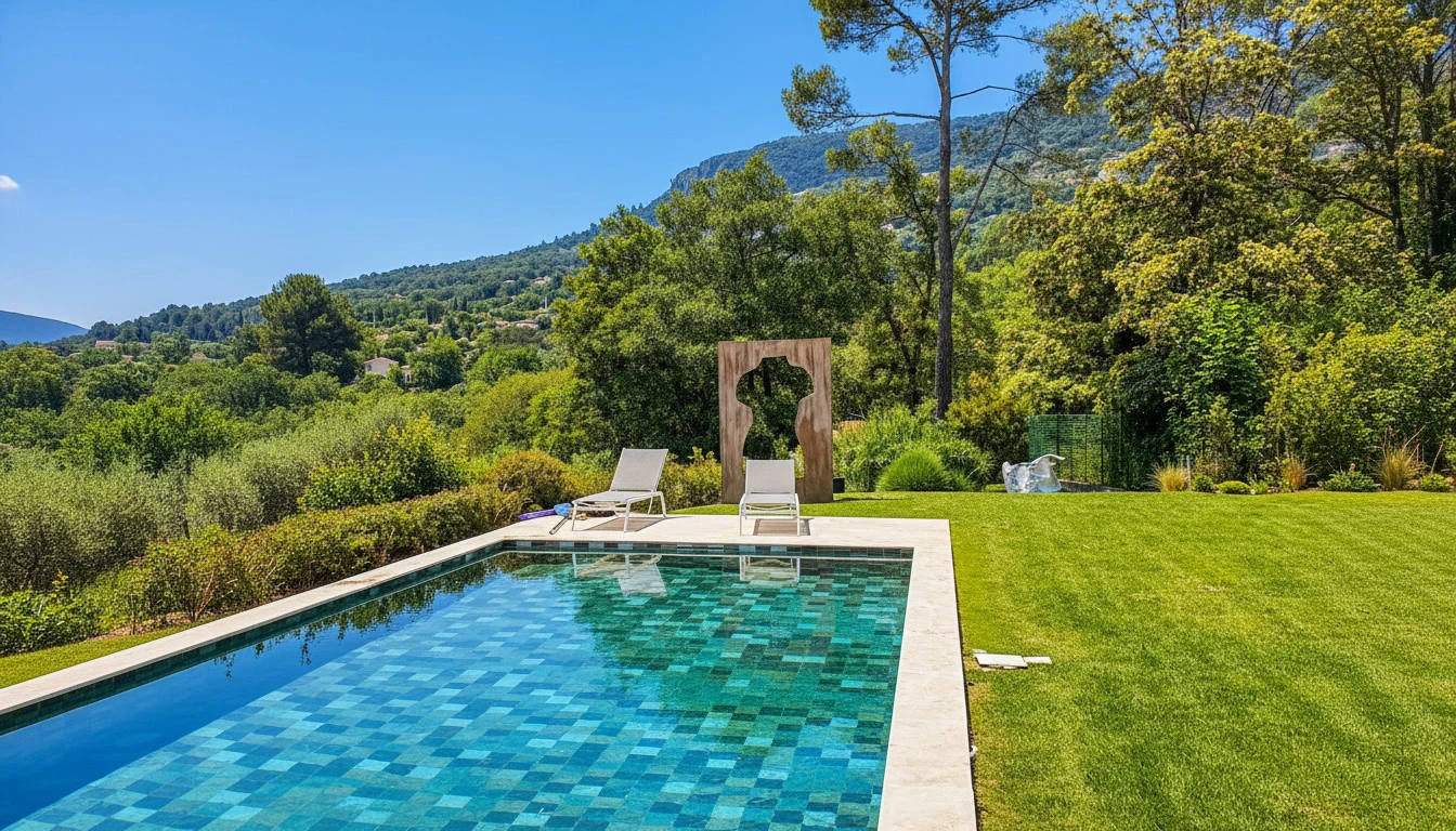 Jardin ext&eacute;rieur contemporain avec spa encastr&eacute; dans terrasse bois exotique, am&eacute;nagement paysager min&eacute;ral en graviers blancs, v&eacute;g&eacute;tation ornementale structur&eacute;e, cl&ocirc;ture composite grise, pelouse synth&eacute;tique