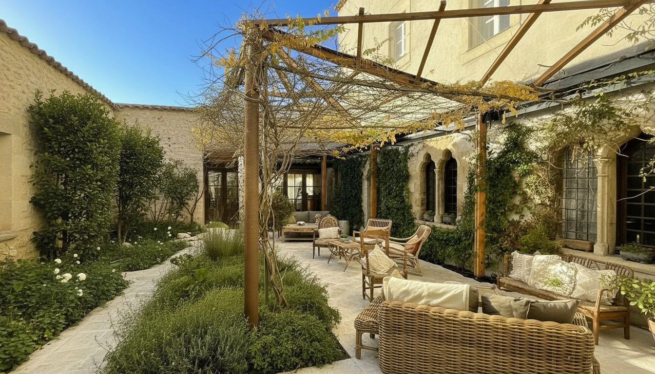 Jardin contemporain avec terrasse circulaire en pavés de pierre naturelle, mobilier outdoor violet (poufs cylindriques), banc en bois suspendu