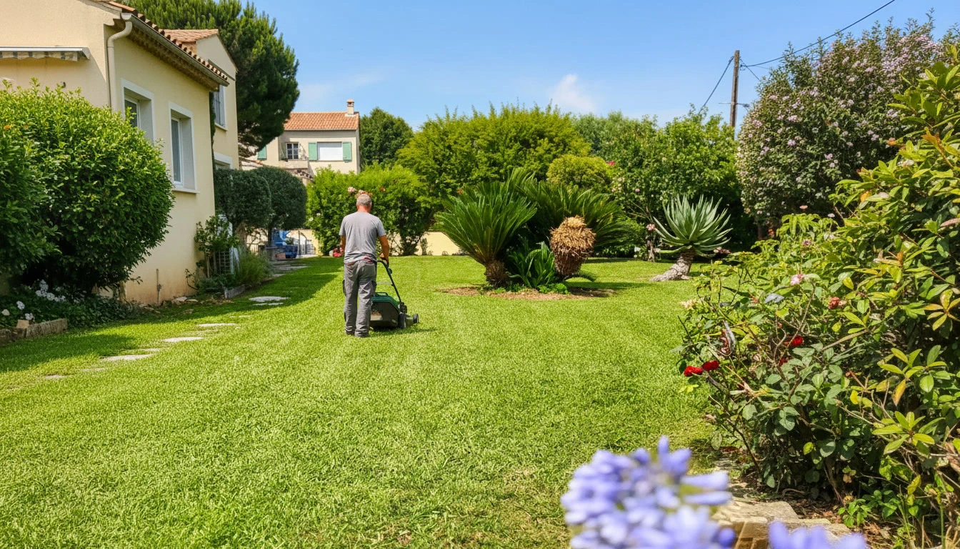 Jardinier professionnel en salopette bleue et casquette conduisant un tracteur-tondeuse autoporté orange sur une pelouse résidentielle