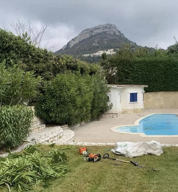 Jardin paysager avec pelouse entretenue, arbre central mature entouré de massifs floraux rouges et blancs disposés symétriquement